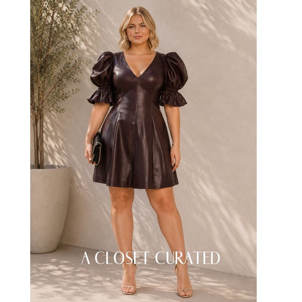 Rotate Kaimana Pleated Faux Leather Mini Dress 12 Brown NEW